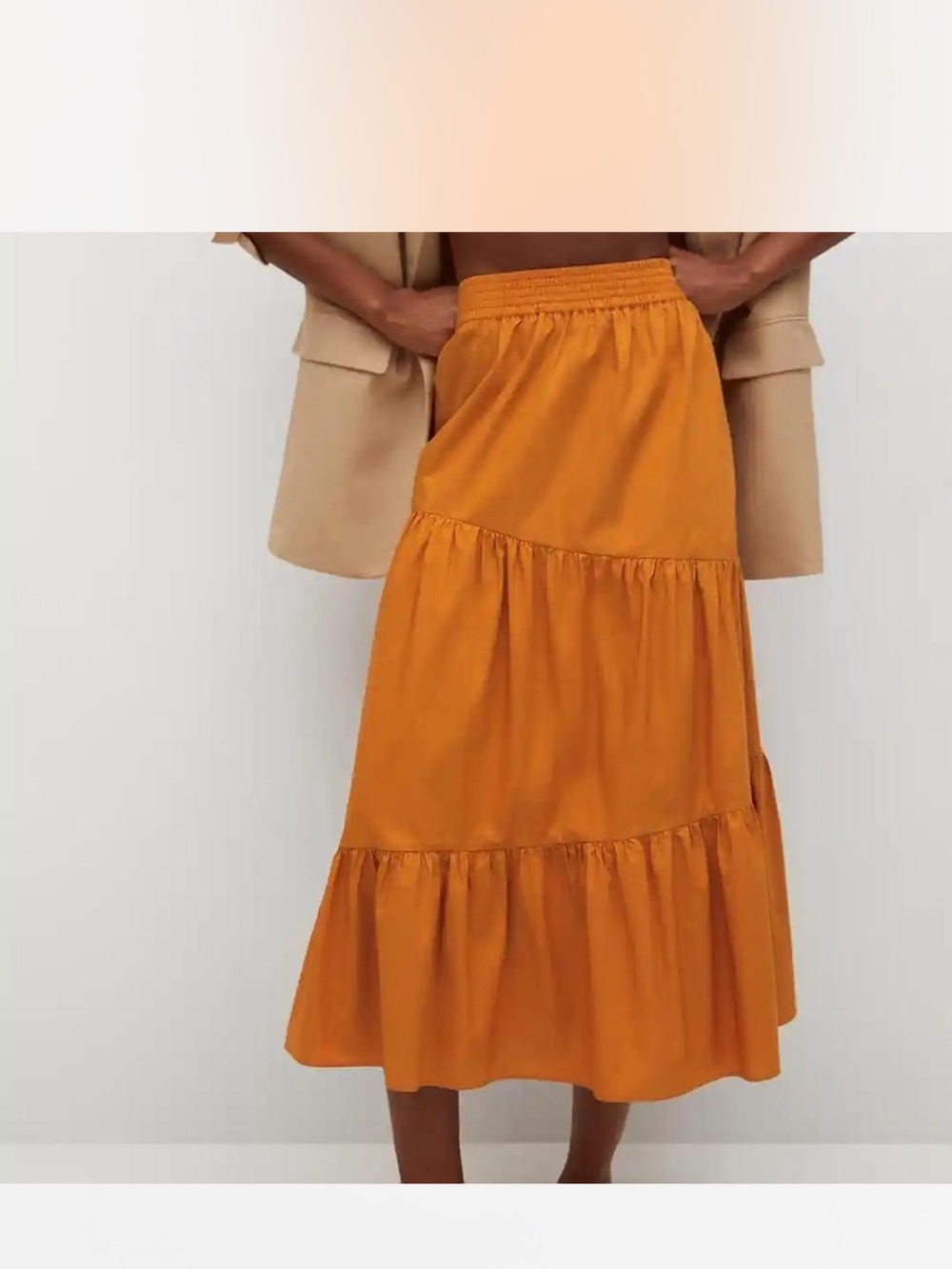 Orange Tiered Midi Skirt - Women's Casual Elastic Waist